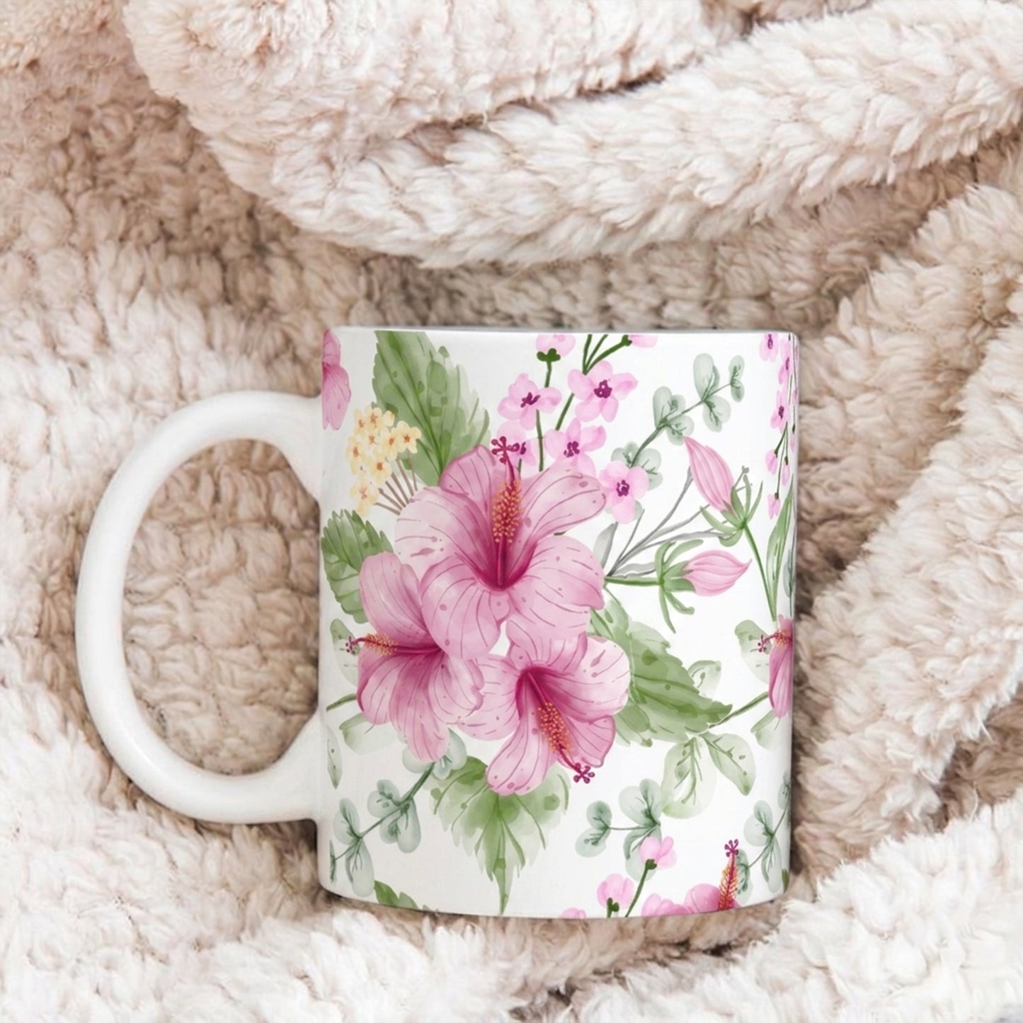 Pink Hibiscus Floral Ceramic Mug – Botanical Coffee Cup (11oz & 15oz)