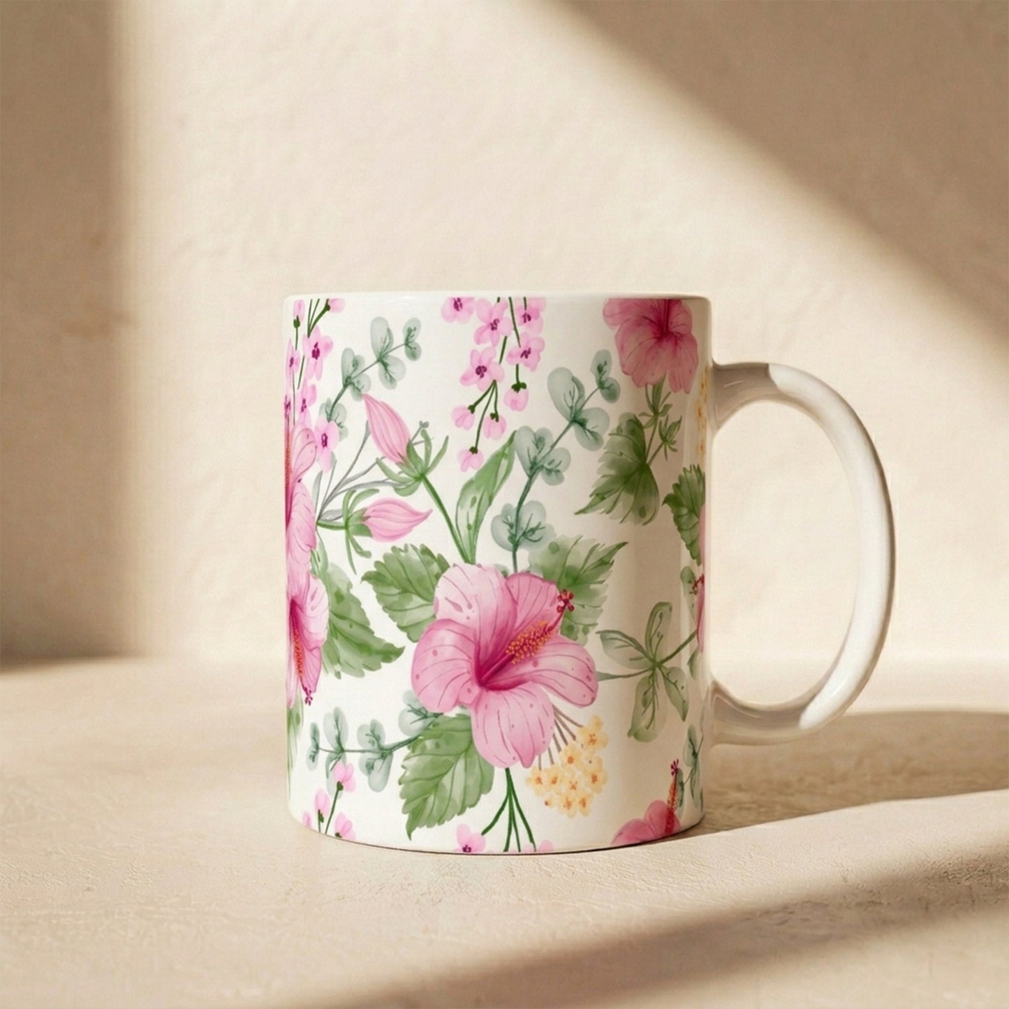 Pink Hibiscus Floral Ceramic Mug – Botanical Coffee Cup (11oz & 15oz)