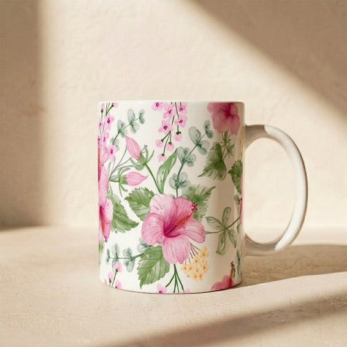 Pink Hibiscus Floral Ceramic Mug – Botanical Coffee Cup (11oz & 15oz)