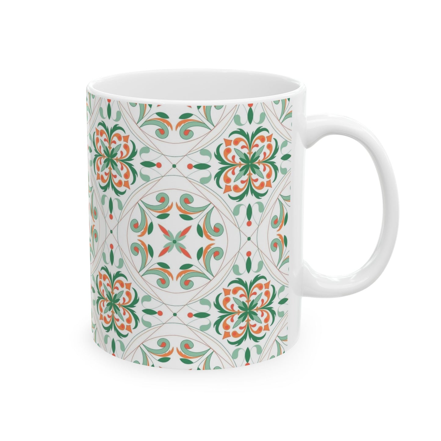 Moroccan Tile Pattern Ceramic Mug – Green & Coral Floral 11oz/15oz