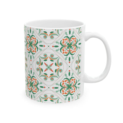 Moroccan Tile Pattern Ceramic Mug – Green & Coral Floral 11oz/15oz