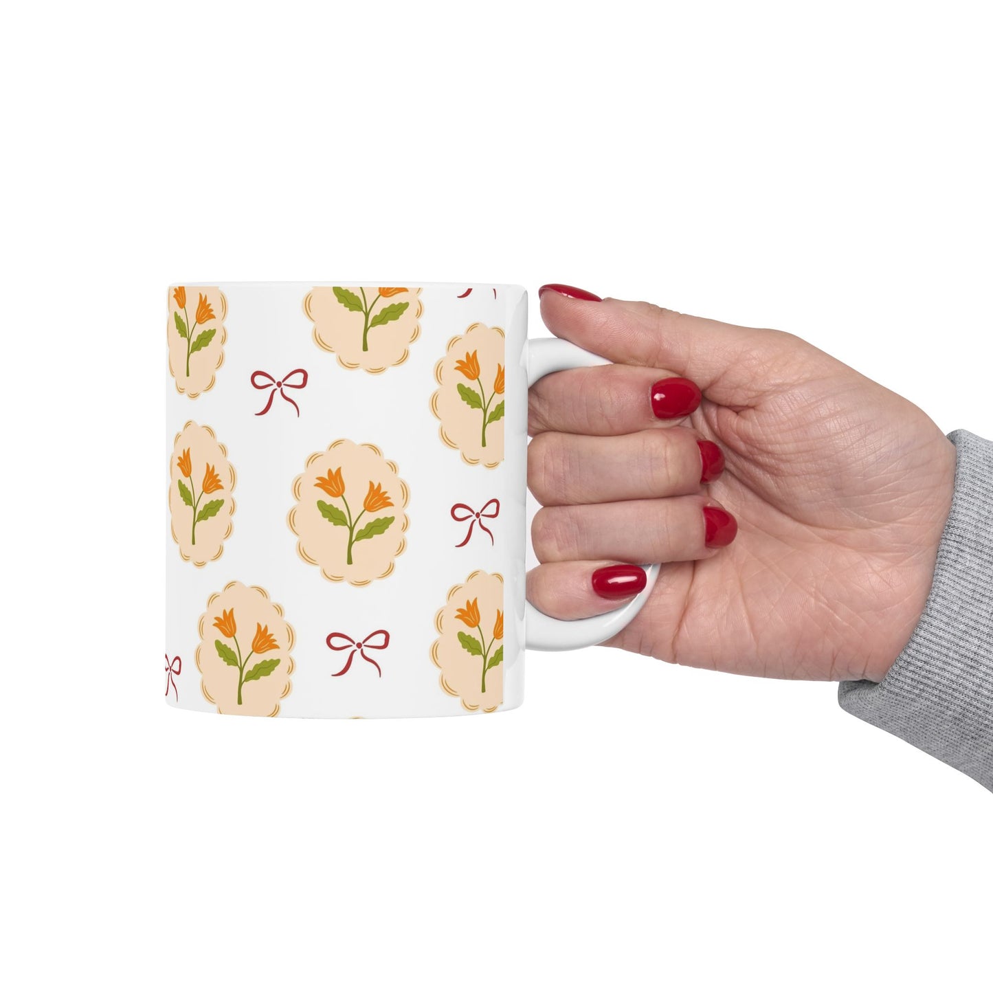 Floral Medallion Ceramic Mug — Vintage Orange Tulip Pattern (11oz & 15oz)
