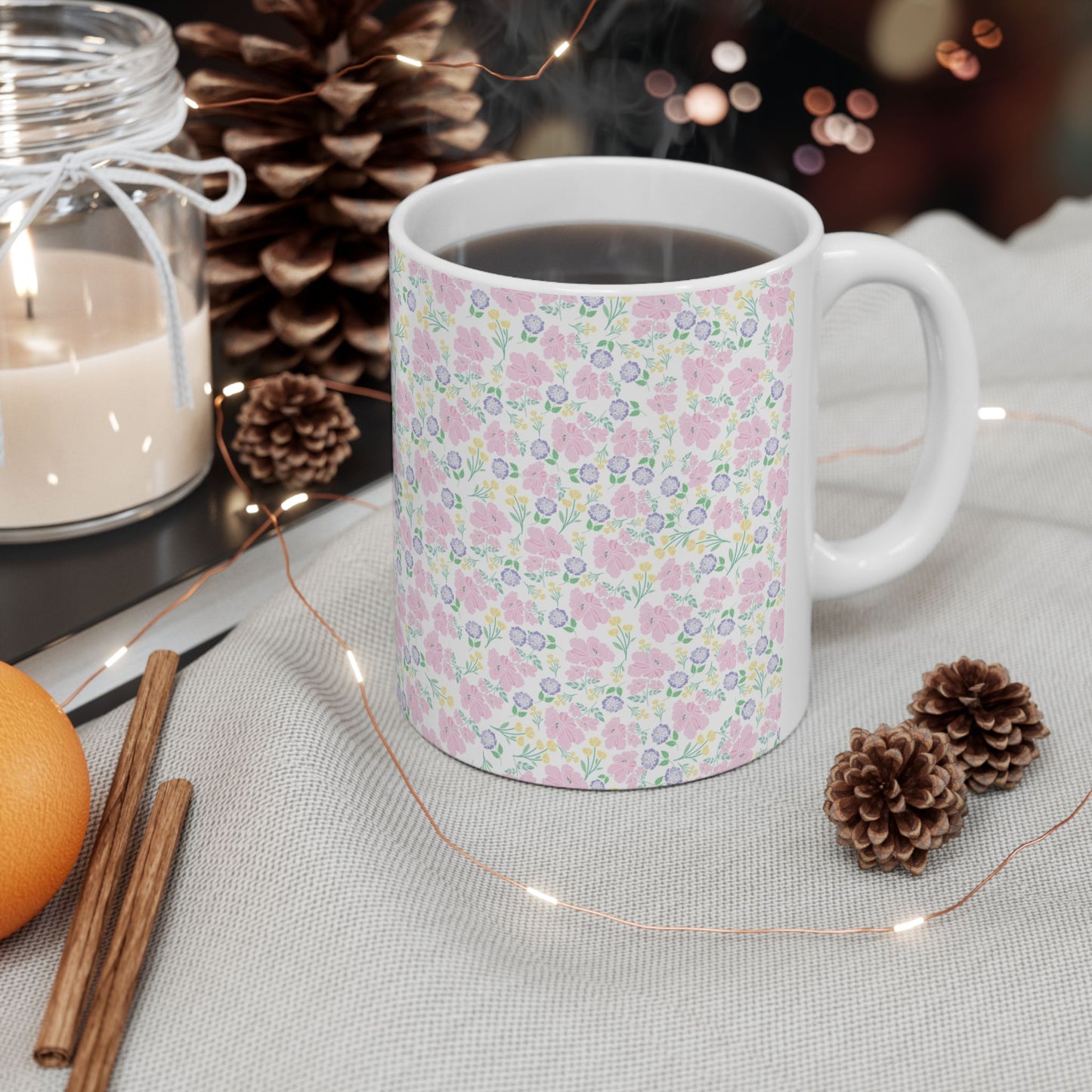 Floral Pastel Pattern Ceramic Mug — Cute Spring Flower Coffee Cup (11oz & 15oz)