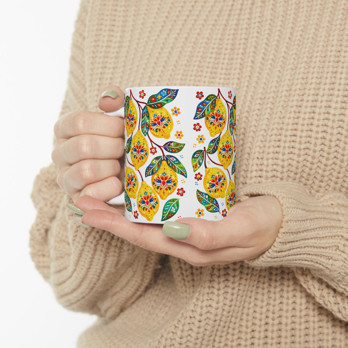 Lemon Blossom Ceramic Mug — Colorful Floral Fruit Pattern (11oz, 15oz)