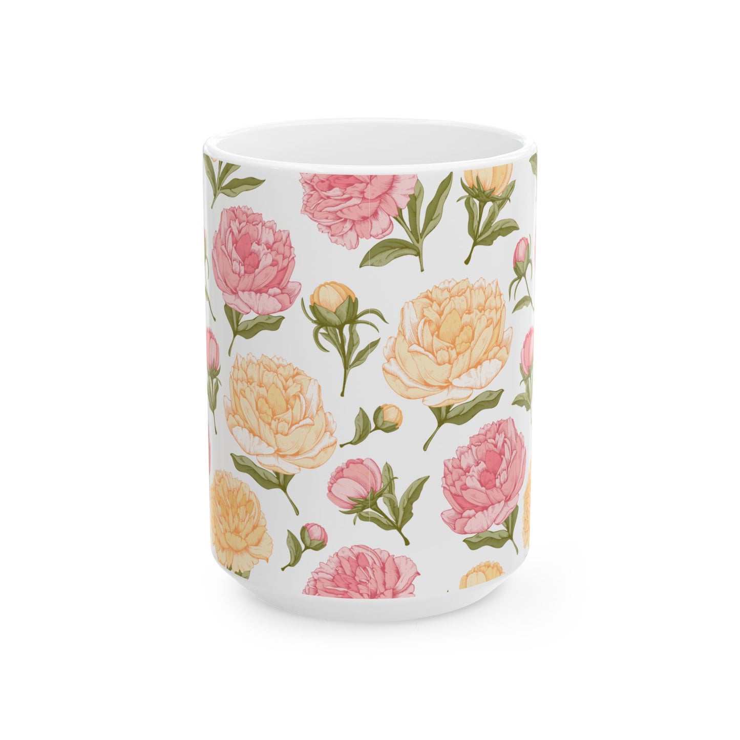 Floral Peony Ceramic Mug – Pink & Peach Vintage Flower Coffee Cup (11oz/15oz)