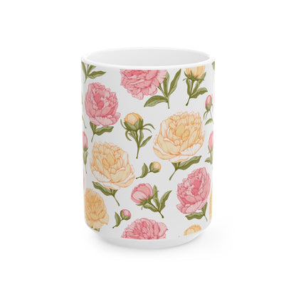 Floral Peony Ceramic Mug – Pink & Peach Vintage Flower Coffee Cup (11oz/15oz)