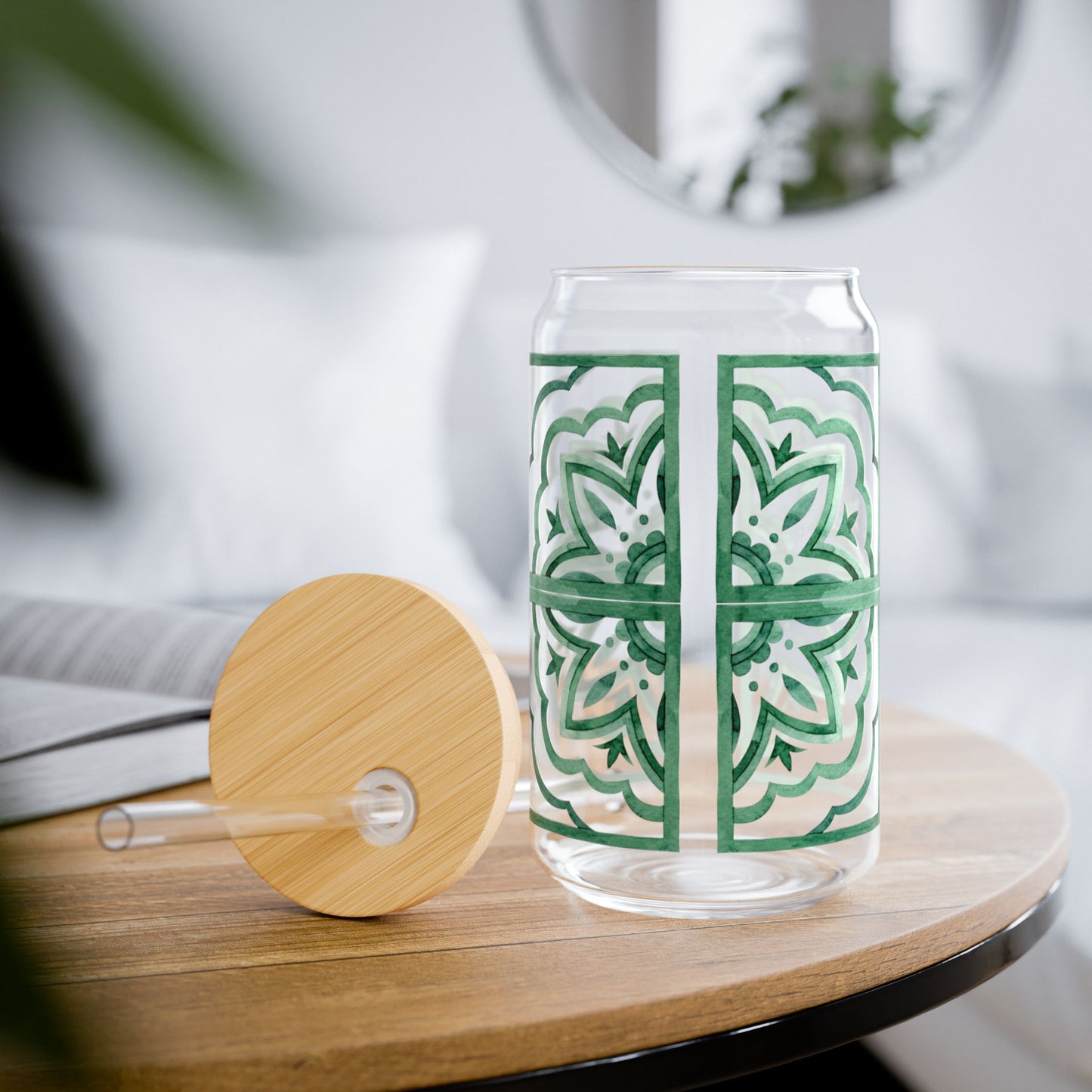Emerald Moroccan Tile Glass Cup with Lid & Straw – 16oz Aesthetic Vintage Drinkware