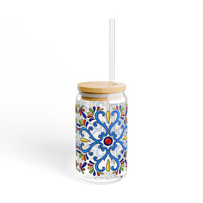 Colorful Folk Mosaic Glass Cup with Lid & Straw