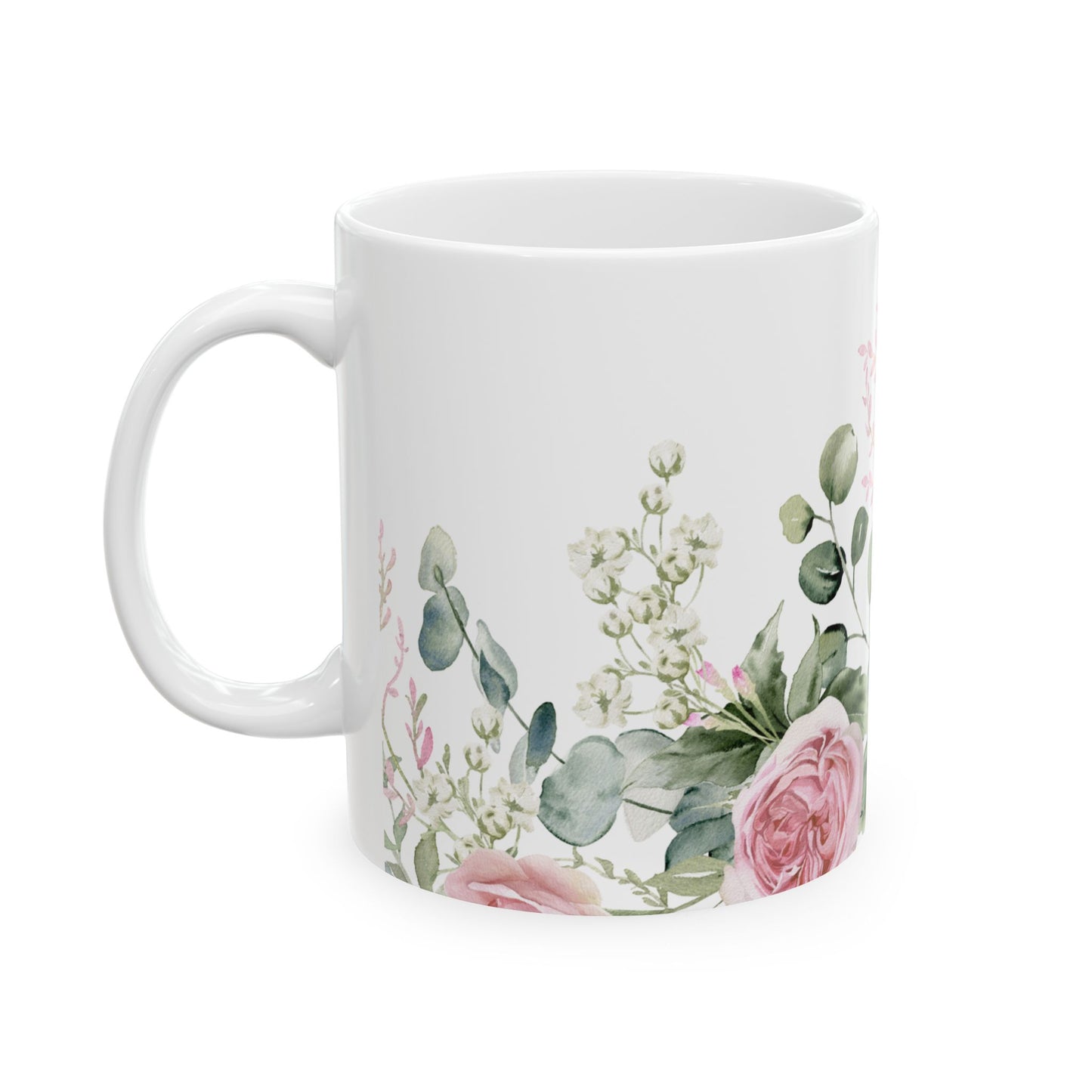 Floral Rose Garden Ceramic Mug — Pink Watercolor Bouquet (11oz & 15oz)