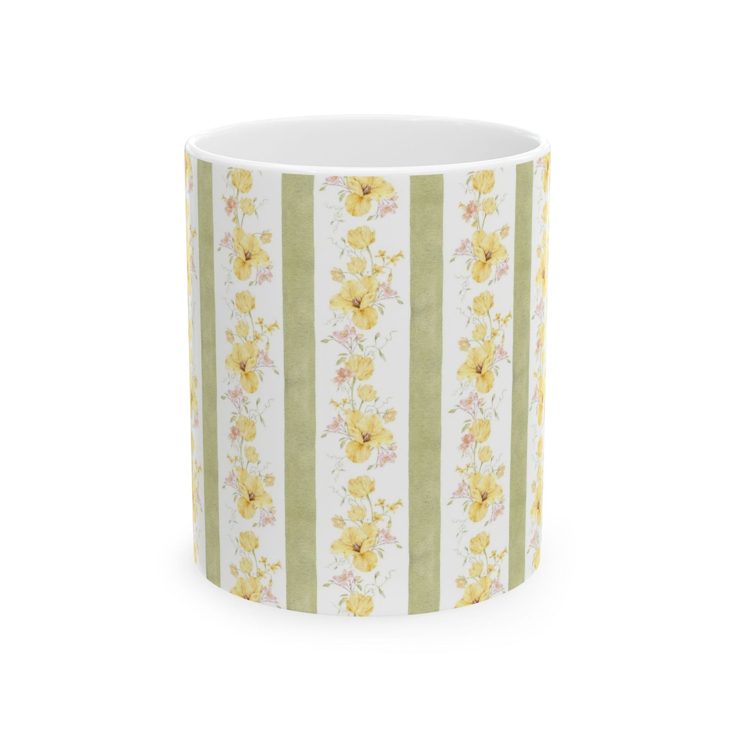 Floral Stripe Ceramic Mug – Vintage Yellow Rose Pattern (11oz & 15oz)