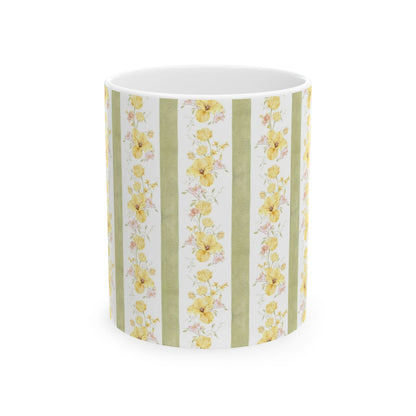 Floral Stripe Ceramic Mug – Vintage Yellow Rose Pattern (11oz & 15oz)