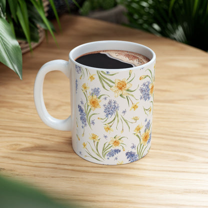 Floral Spring Bouquet Ceramic Mug — Blue Hyacinth & Yellow Daffodil 11oz/15oz