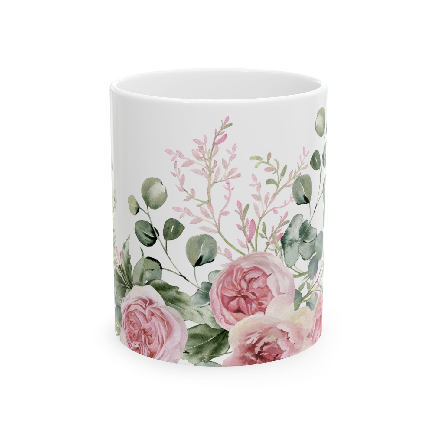 Floral Rose Garden Ceramic Mug — Pink Watercolor Bouquet (11oz & 15oz)