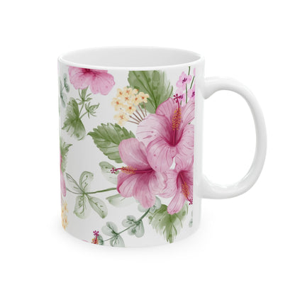 Pink Hibiscus Floral Ceramic Mug – Botanical Coffee Cup (11oz & 15oz)