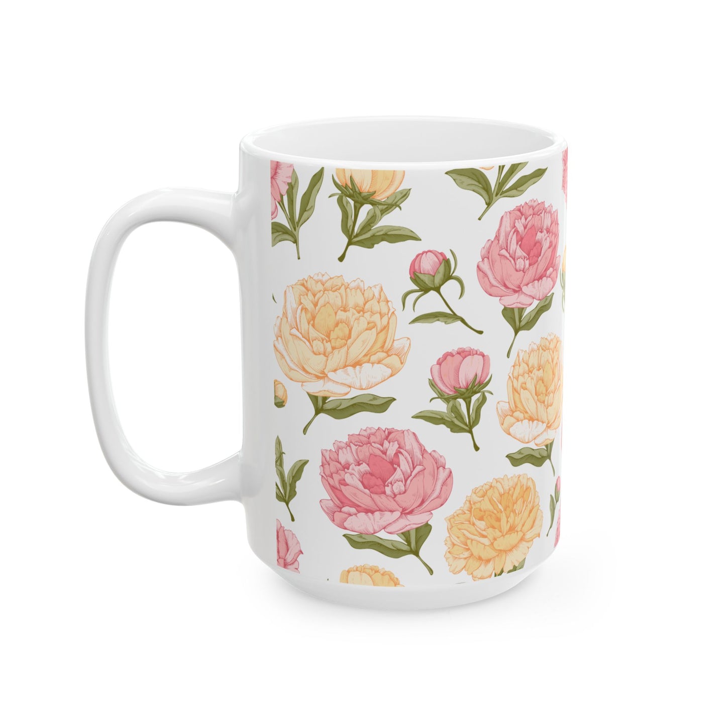Floral Peony Ceramic Mug – Pink & Peach Vintage Flower Coffee Cup (11oz/15oz)