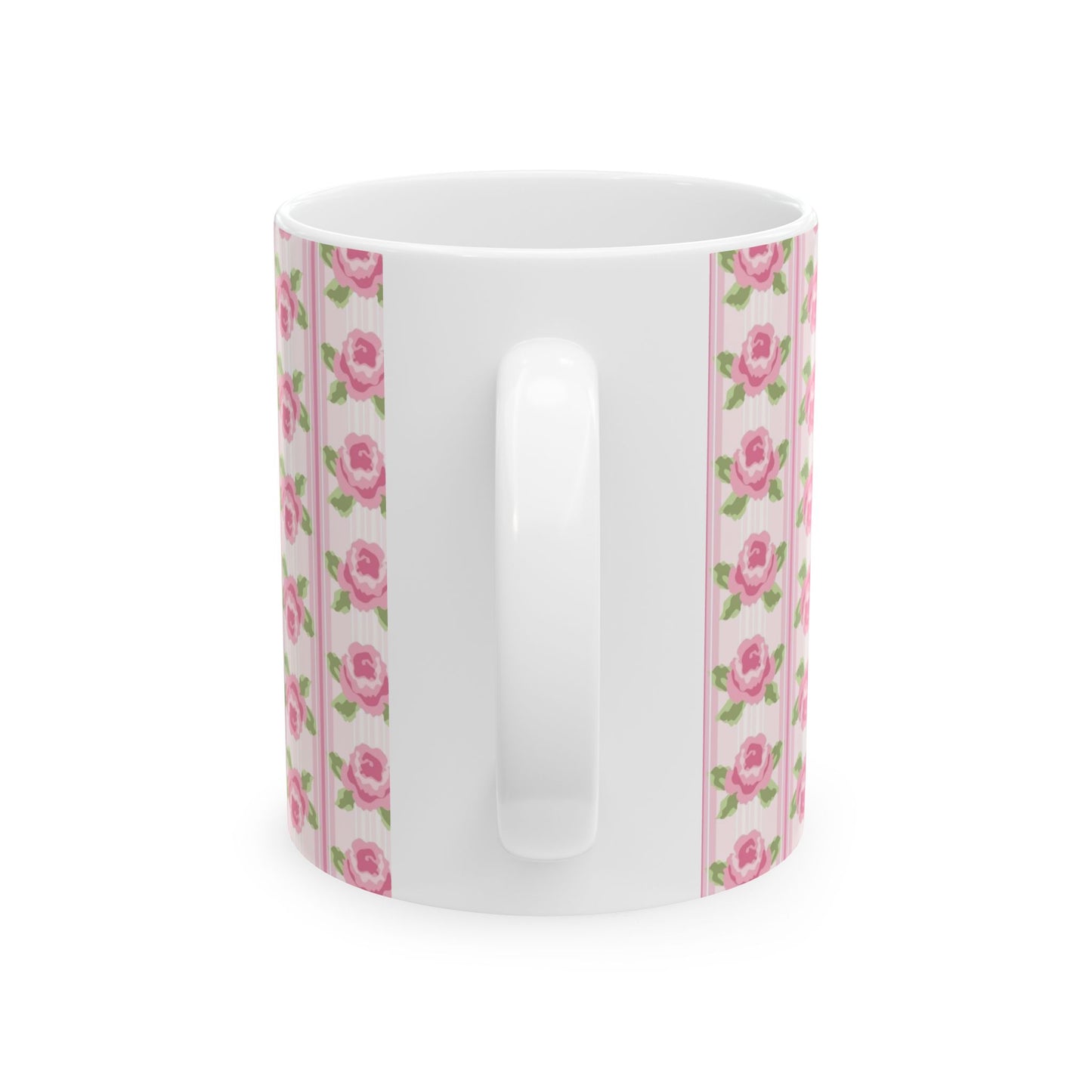 Pink Rose Stripe Ceramic Mug — Floral Vintage Tea Coffee Cup (11oz & 15oz)