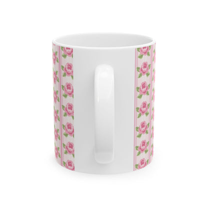Pink Rose Stripe Ceramic Mug — Floral Vintage Tea Coffee Cup (11oz & 15oz)