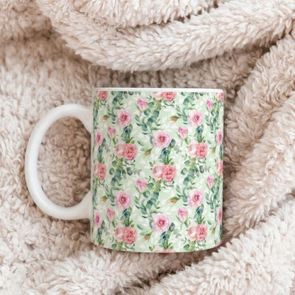 Floral Rose Watercolor Ceramic Mug — Pink Garden Pattern (11oz & 15oz)
