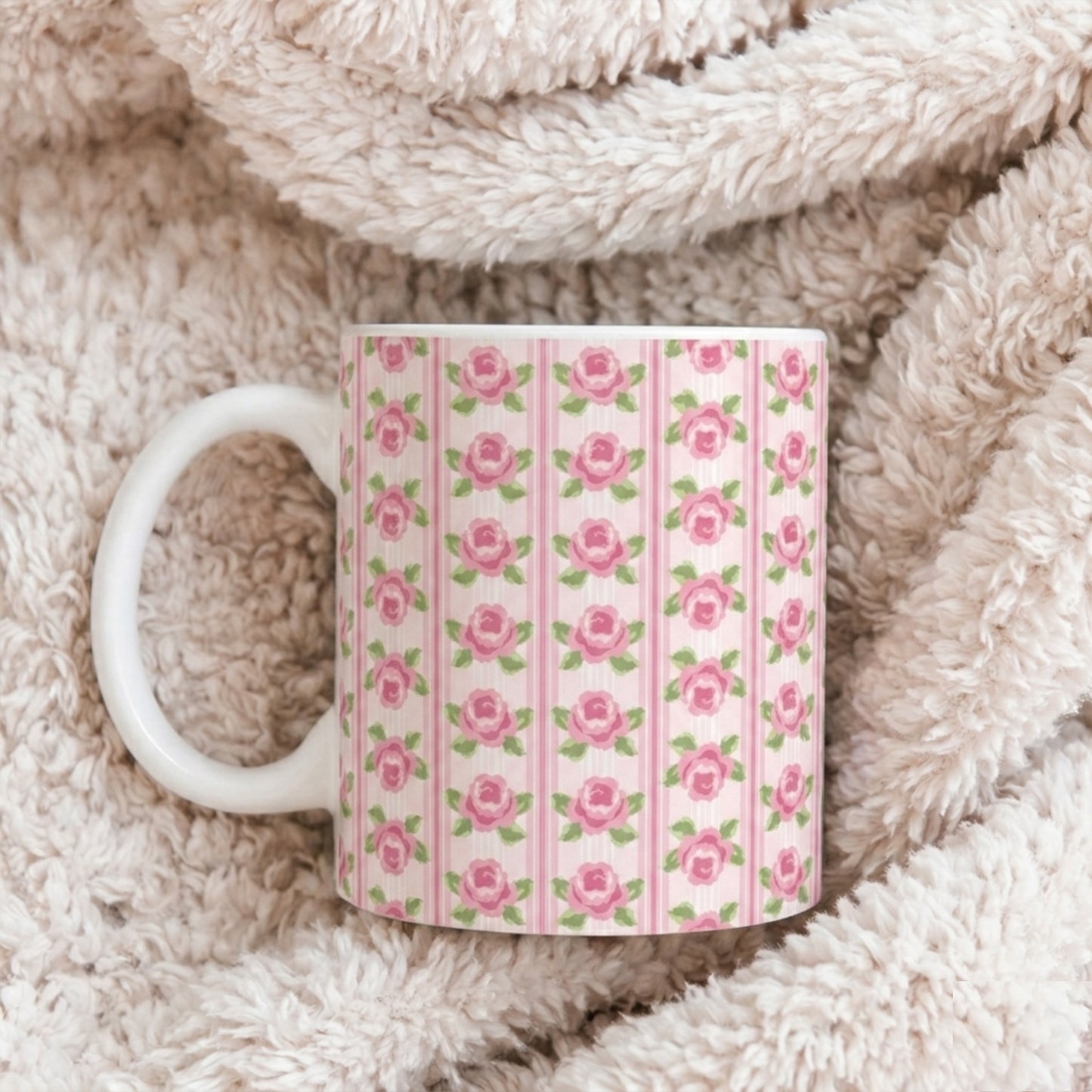 Pink Rose Stripe Ceramic Mug — Floral Vintage Tea Coffee Cup (11oz & 15oz)