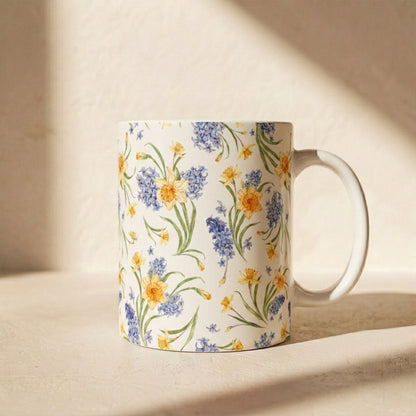 Floral Spring Bouquet Ceramic Mug — Blue Hyacinth & Yellow Daffodil 11oz/15oz