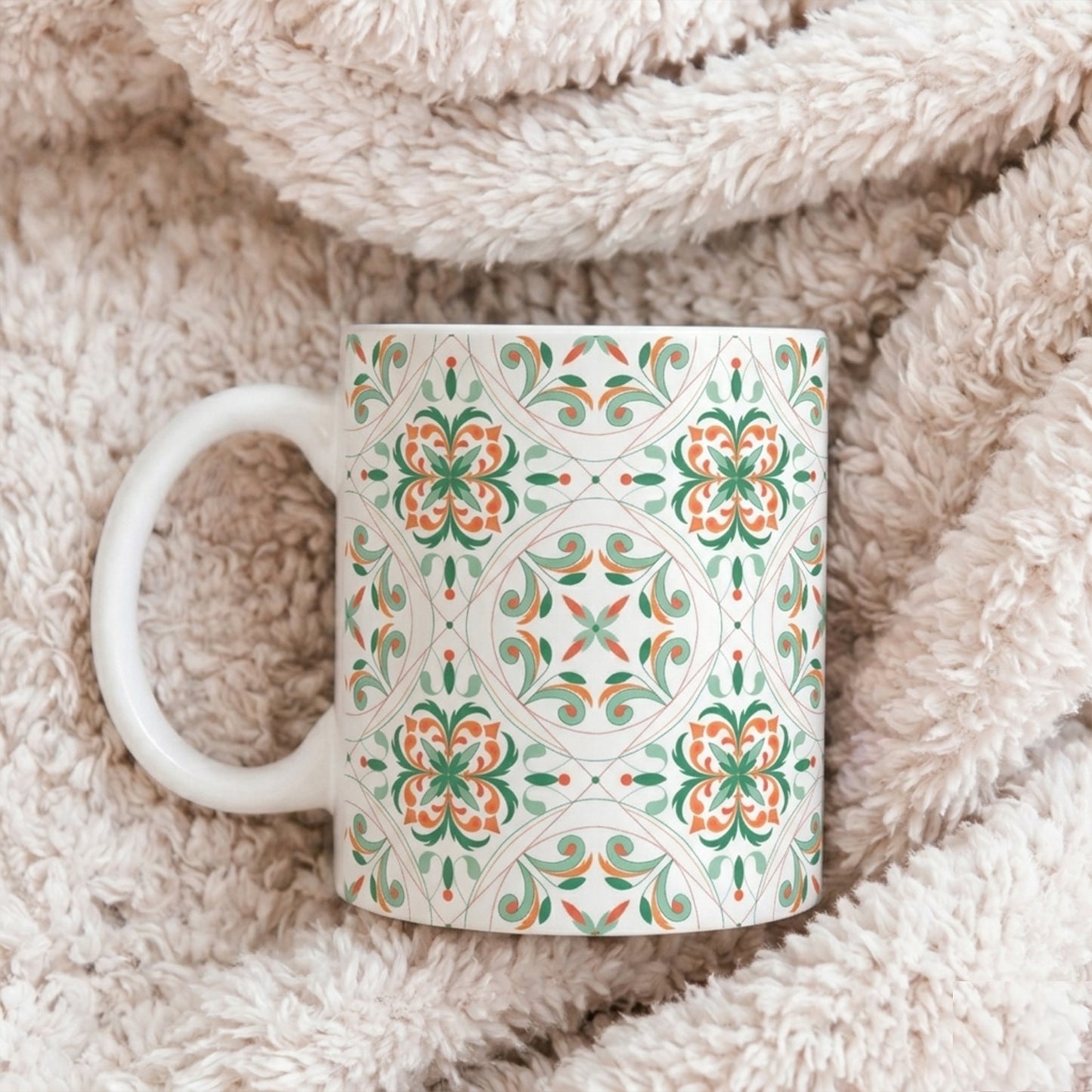 Moroccan Tile Pattern Ceramic Mug – Green & Coral Floral 11oz/15oz