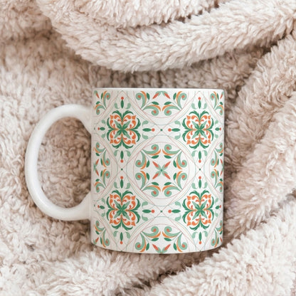Moroccan Tile Pattern Ceramic Mug – Green & Coral Floral 11oz/15oz