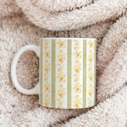 Floral Stripe Ceramic Mug – Vintage Yellow Rose Pattern (11oz & 15oz)