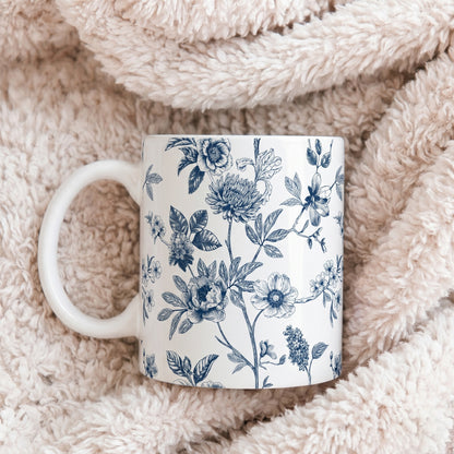 Blue Floral Ceramic Mug – Vintage Botanical 11oz & 15oz Coffee Cup