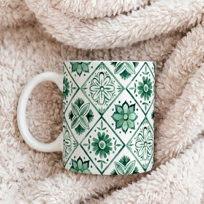 Green Tile Pattern Ceramic Mug — Boho Floral Moroccan-Style 11oz & 15oz