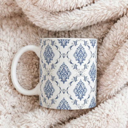 Blue Damask Ceramic Mug — Elegant Vintage Pattern Coffee Cup (11oz, 15oz)