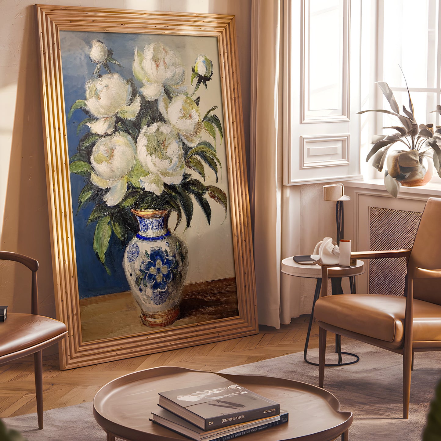 Vintage White Peonies in Blue Porcelain Vase (Digital Download)