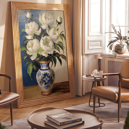 Vintage White Peonies in Blue Porcelain Vase (Digital Download)