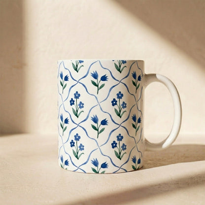 Blue Floral Ceramic Mug — Handpainted Tile Pattern (11oz & 15oz)