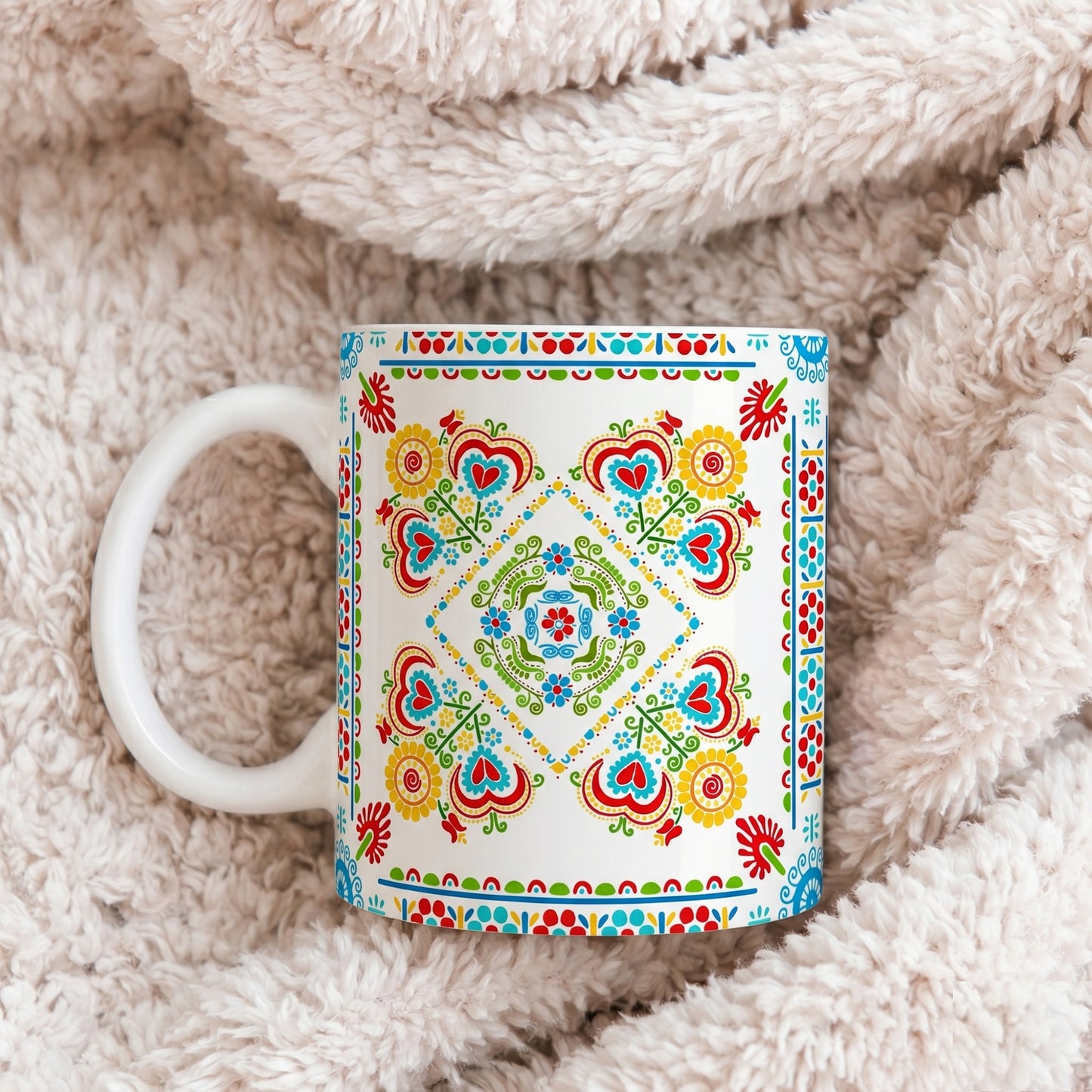 Floral Folk Art Ceramic Mug — Colorful Scandinavian-Inspired Pattern (11oz, 15oz)