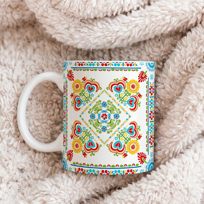 Floral Folk Art Ceramic Mug — Colorful Scandinavian-Inspired Pattern (11oz, 15oz)