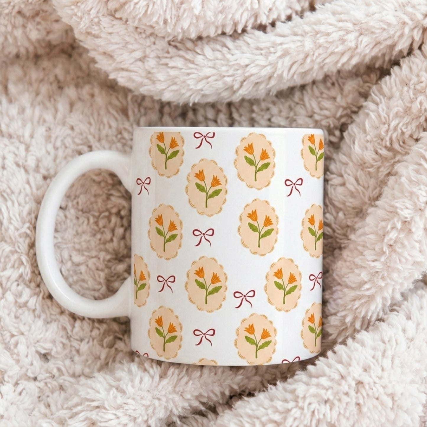 Floral Medallion Ceramic Mug — Vintage Orange Tulip Pattern (11oz & 15oz)