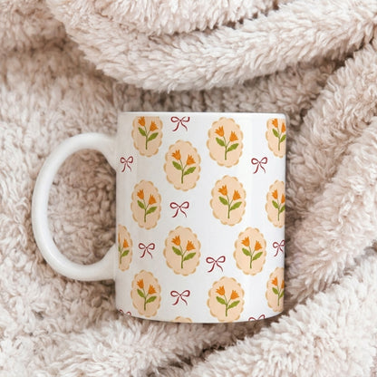 Floral Medallion Ceramic Mug — Vintage Orange Tulip Pattern (11oz & 15oz)