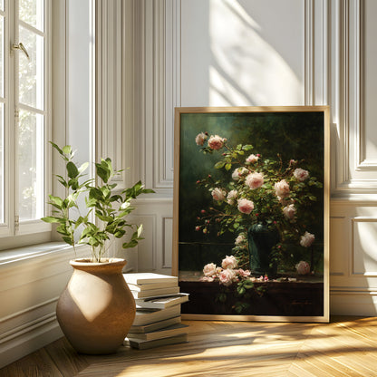 Vintage Pink Roses in Green Vase Still Life (Digital Download)