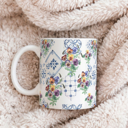 Vintage Pansy Floral Ceramic Mug – Blue Tile Pattern (11oz & 15oz)