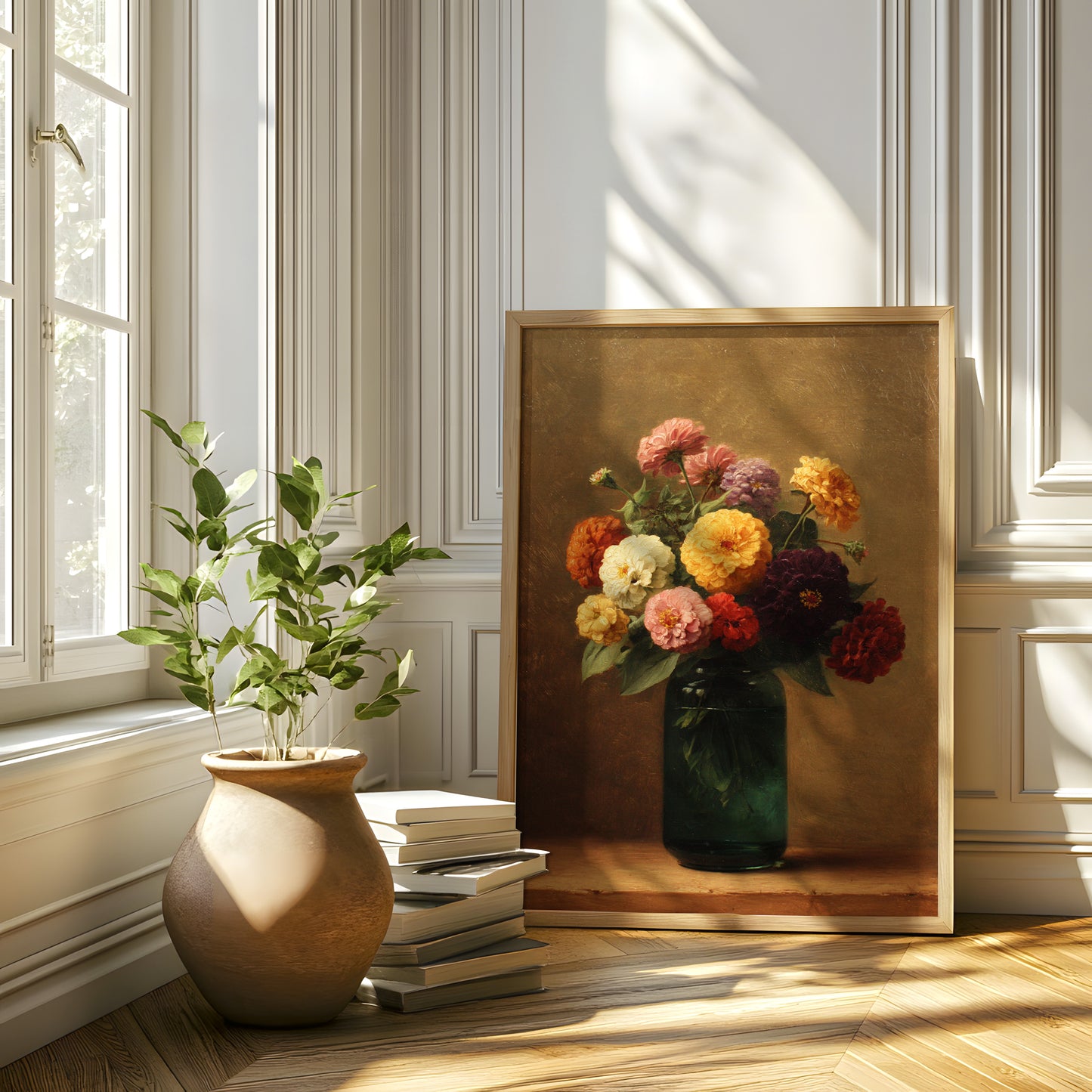Vintage Zinnia Bouquet in Green Glass Vase (Digital Download)