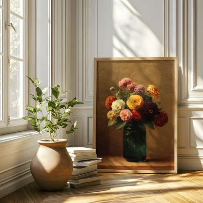 Vintage Zinnia Bouquet in Green Glass Vase (Digital Download)