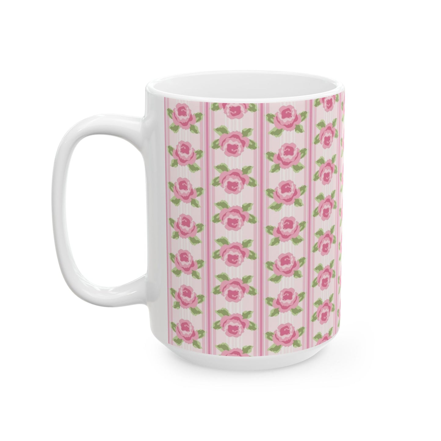 Pink Rose Stripe Ceramic Mug — Floral Vintage Tea Coffee Cup (11oz & 15oz)