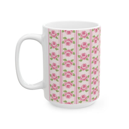 Pink Rose Stripe Ceramic Mug — Floral Vintage Tea Coffee Cup (11oz & 15oz)
