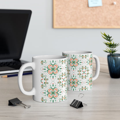 Moroccan Tile Pattern Ceramic Mug – Green & Coral Floral 11oz/15oz