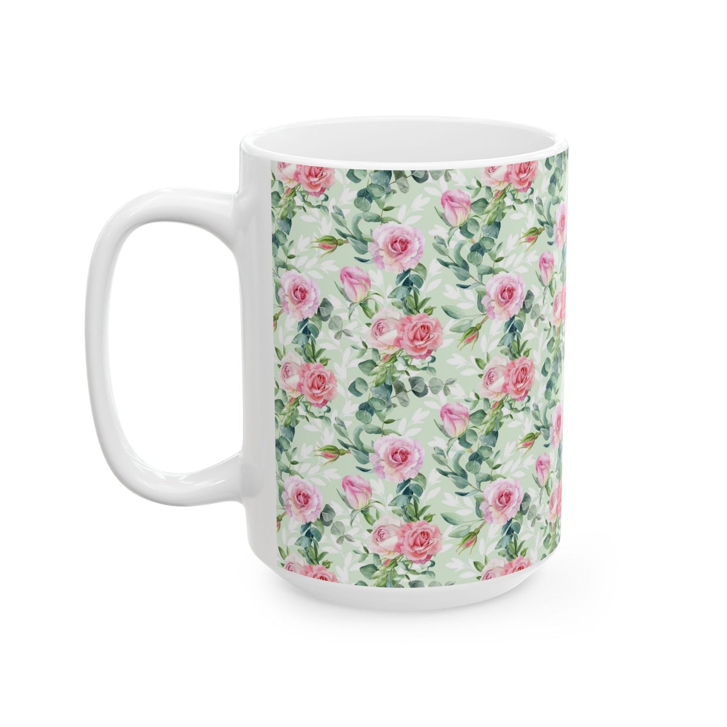 Floral Rose Watercolor Ceramic Mug — Pink Garden Pattern (11oz & 15oz)