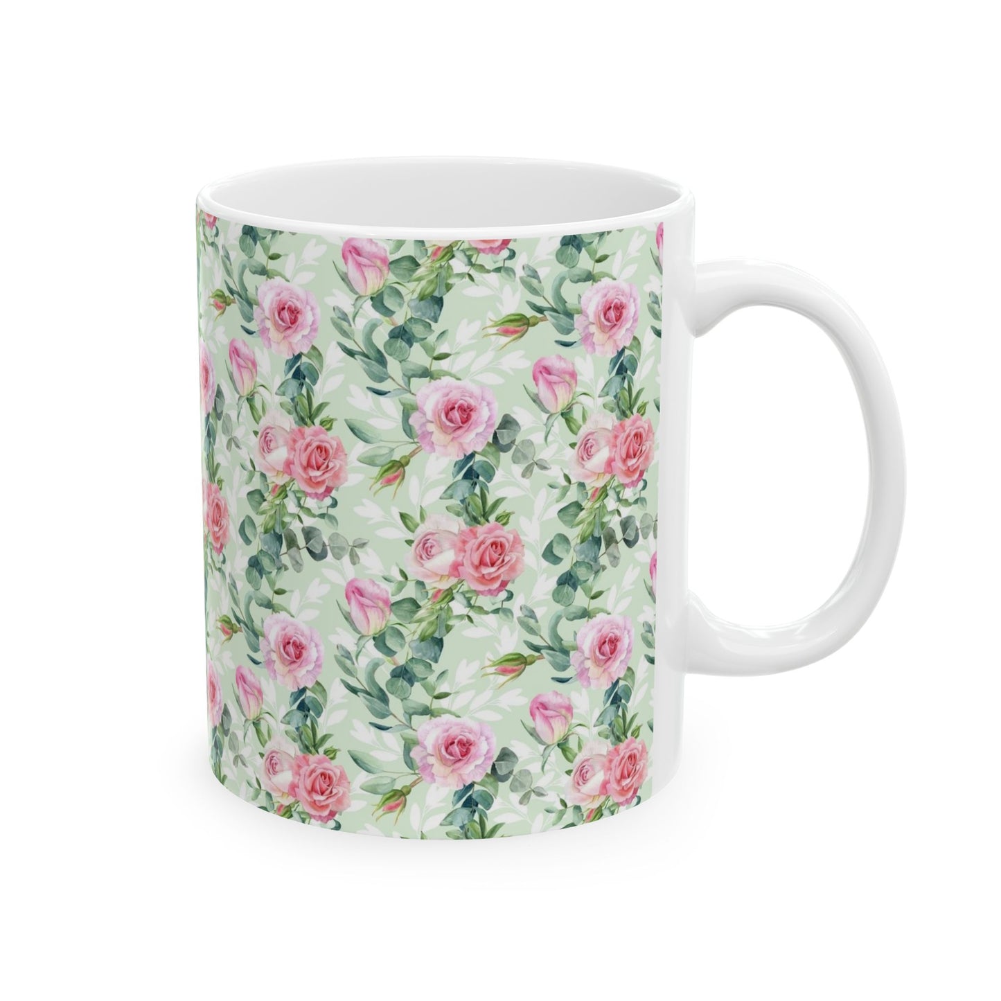 Floral Rose Watercolor Ceramic Mug — Pink Garden Pattern (11oz & 15oz)