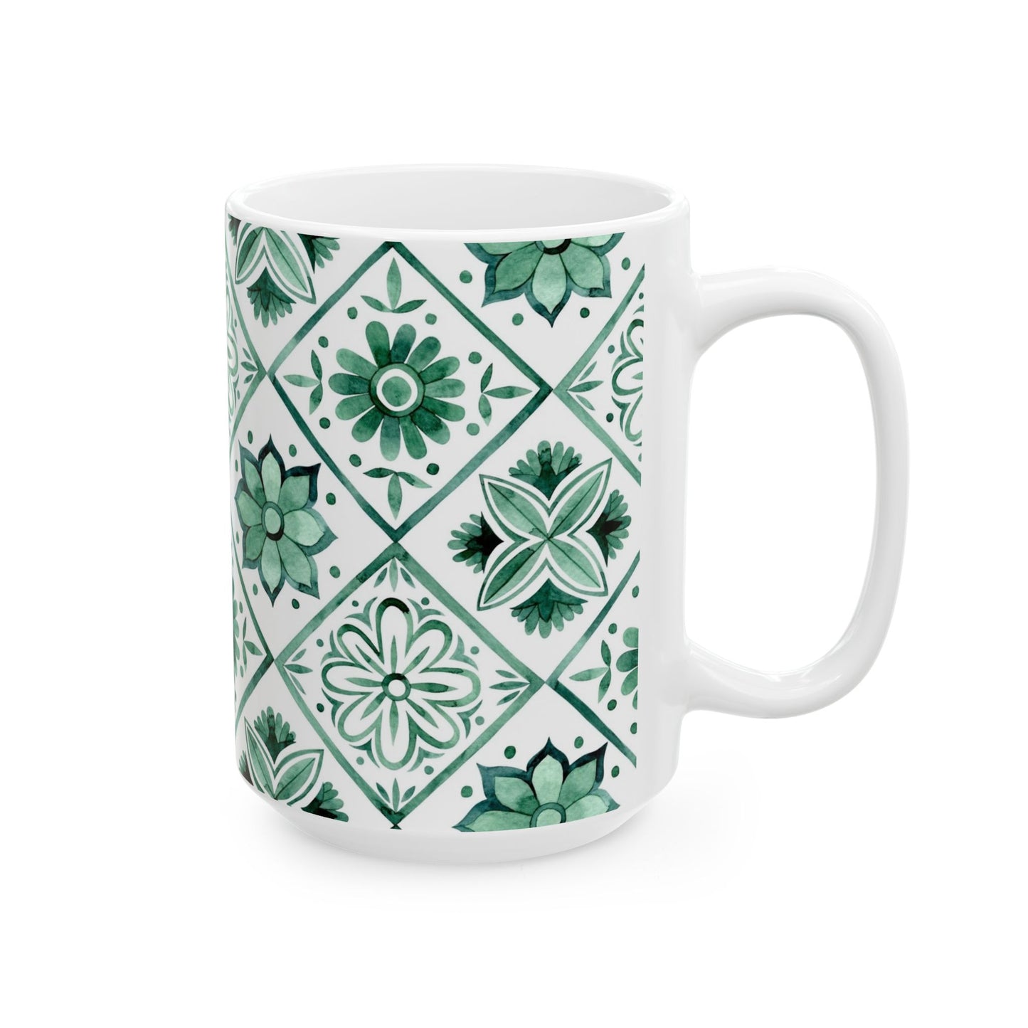 Green Tile Pattern Ceramic Mug — Boho Floral Moroccan-Style 11oz & 15oz