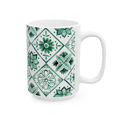Green Tile Pattern Ceramic Mug — Boho Floral Moroccan-Style 11oz & 15oz
