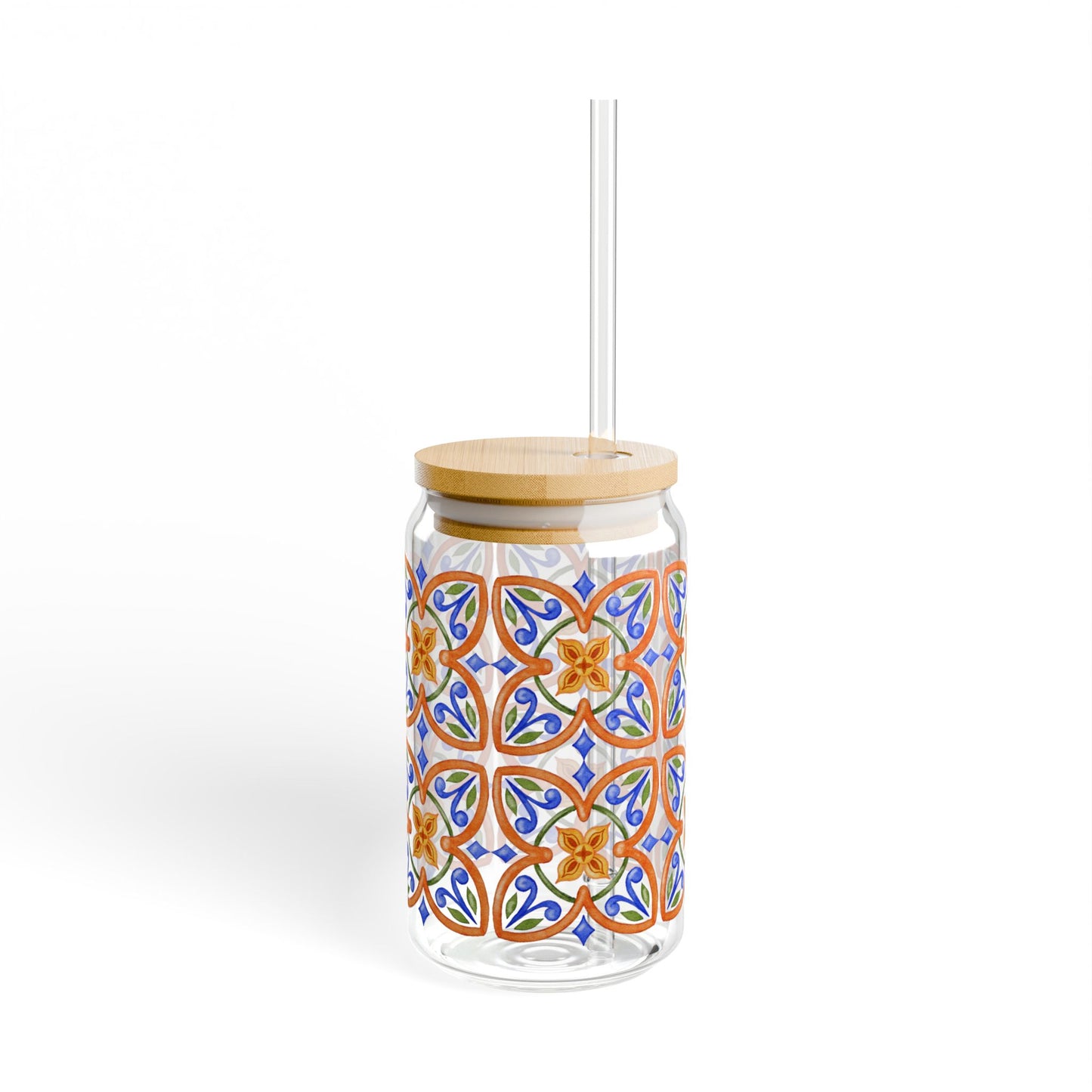 Terracotta Mediterranean Tile Glass Cup with Lid & Straw, 16oz Vintage Mosaic Drinkware