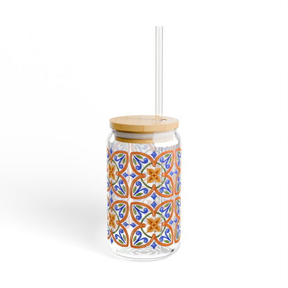 Terracotta Mediterranean Tile Glass Cup with Lid & Straw, 16oz Vintage Mosaic Drinkware